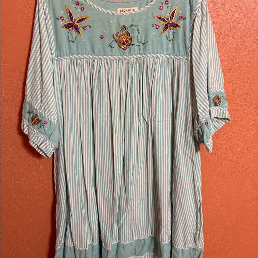 Vintage Bechamel Teal Striped Dress with Butterfly Accents